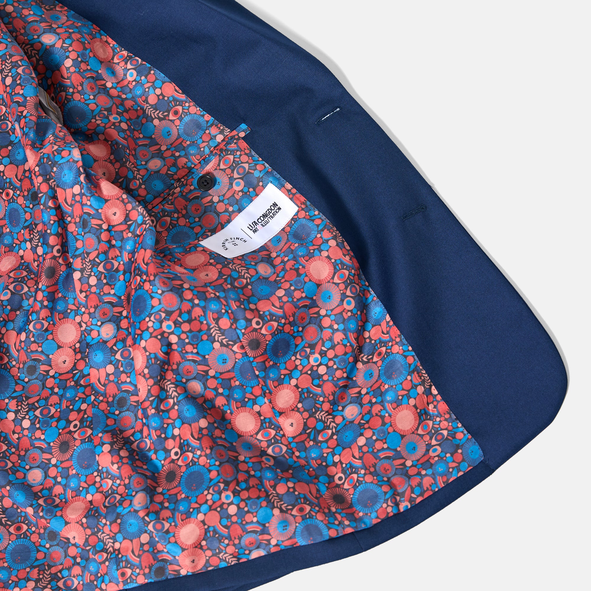 Close up of the navy Lisa C Georgie blazers interior lining.  Color: Navy Lisa C