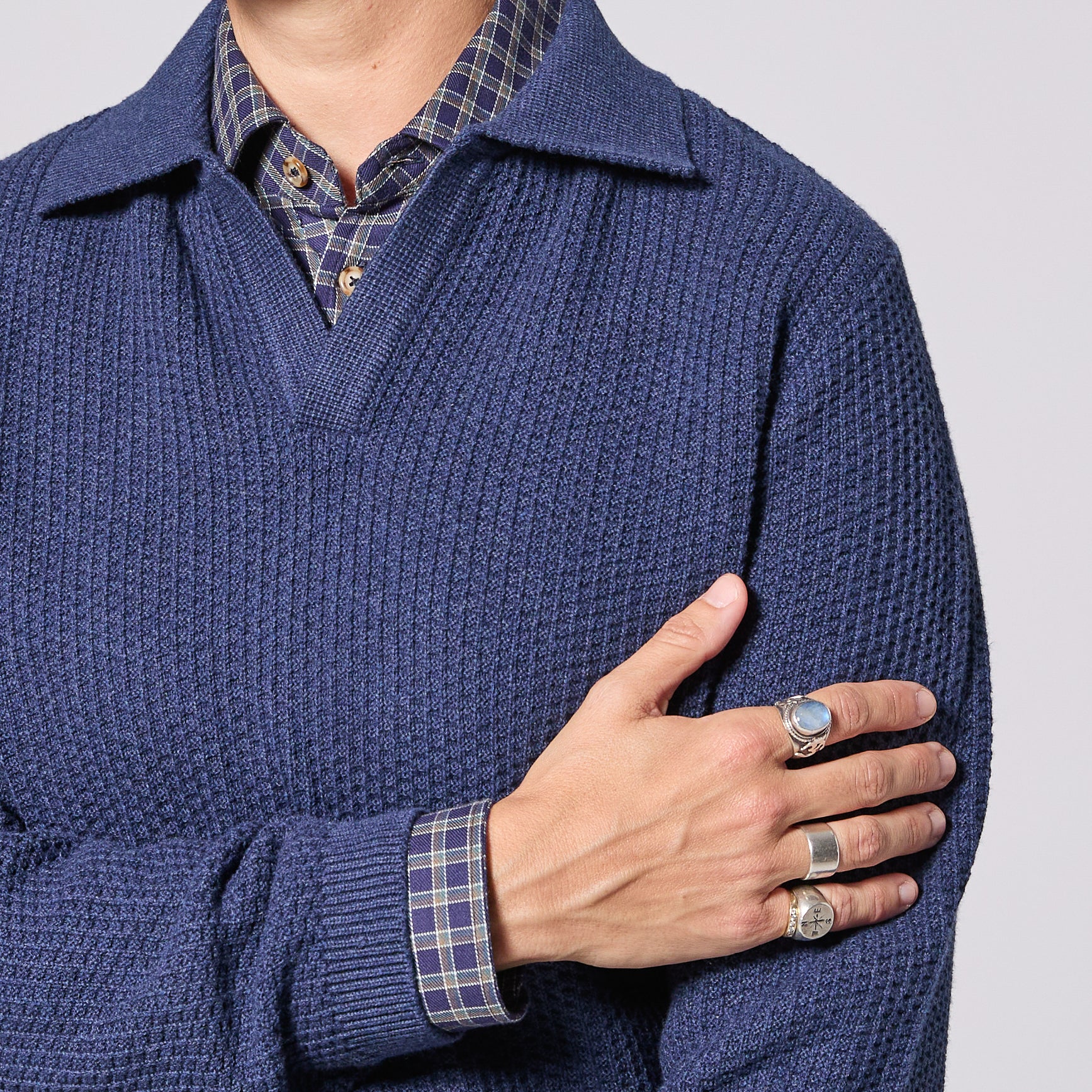 Blue Johnny collar polo featuring ribbed cuffs and hem. Color: Marine Blue