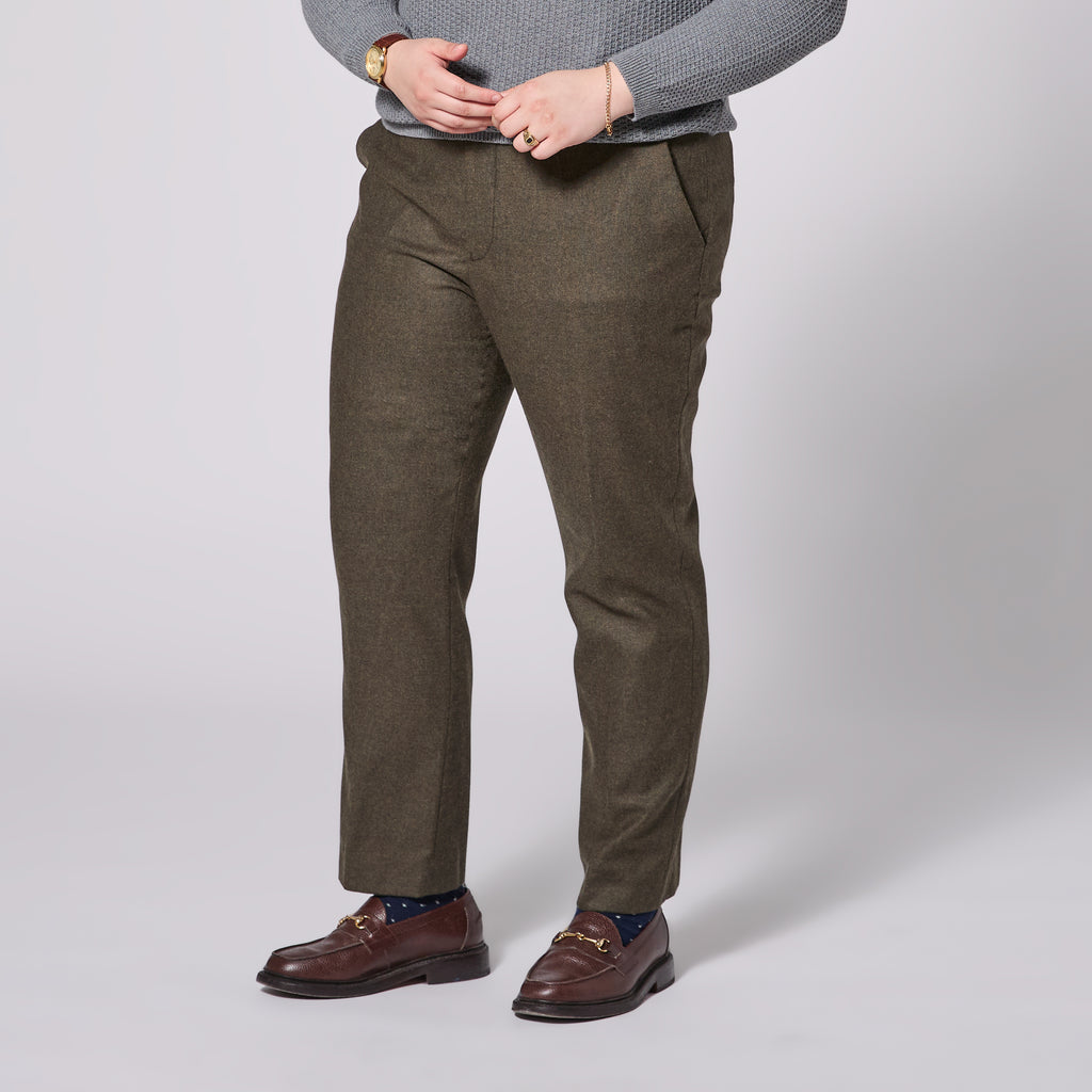 The Finch Heather Olive Flannel Dress Pants made for women, trans, masc, and non-binary folk. Color:  Heather Olive Flannel