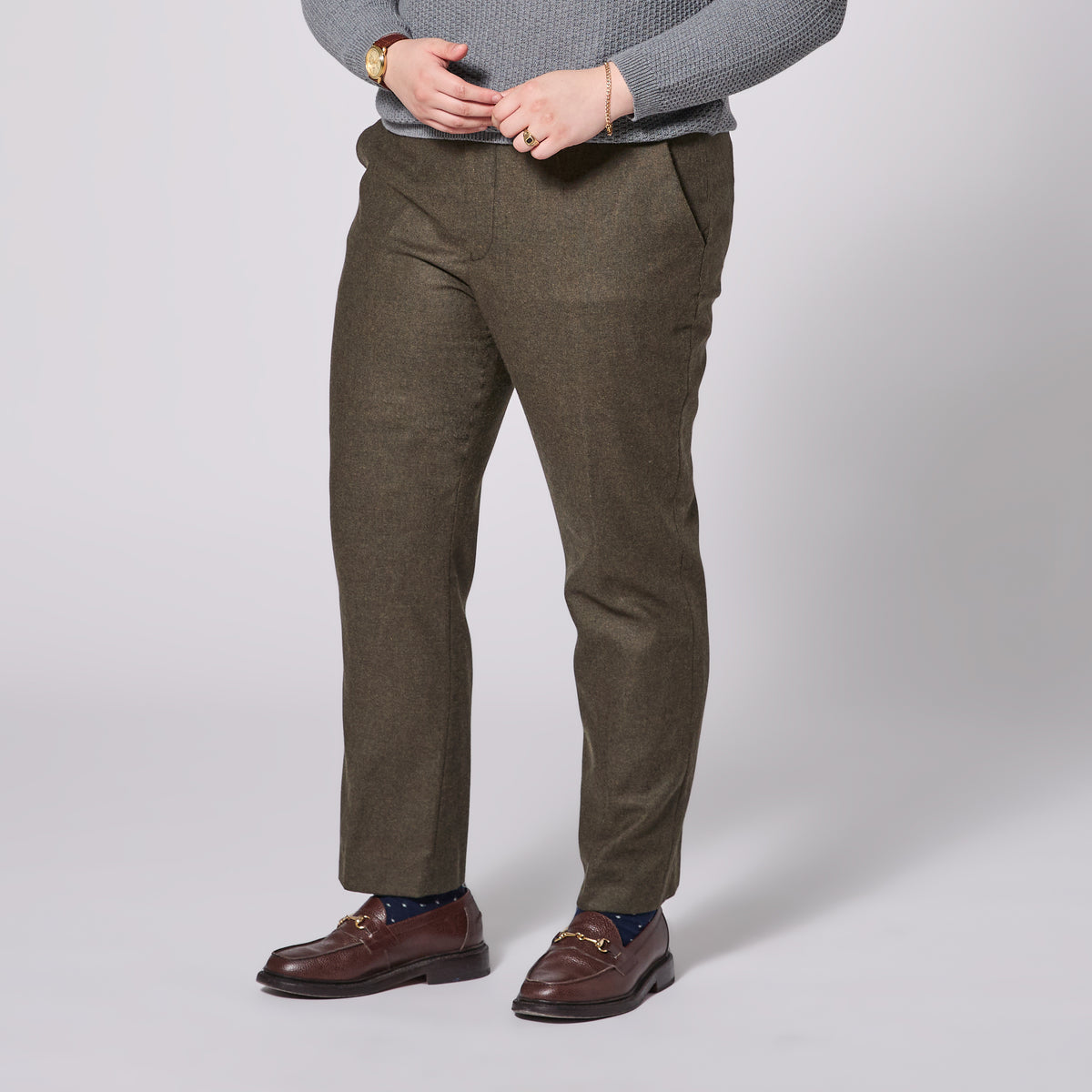 The Finch Heather Olive Flannel Dress Pants made for women, trans, masc, and non-binary folk. Color:  Heather Olive Flannel
