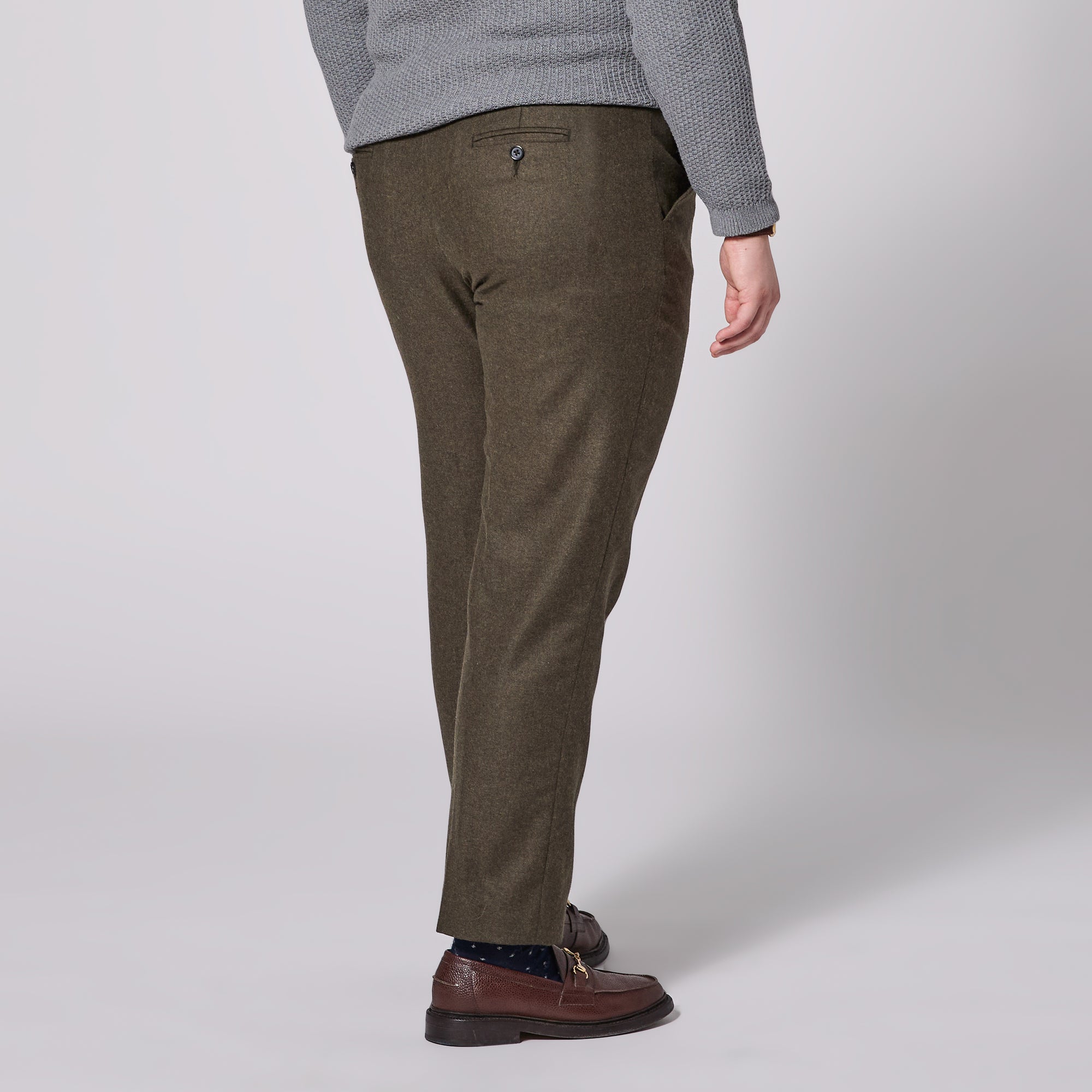 Androgynous Heather Olive Flannel Dress Pants made by Kirrin Finch. Color:  Heather Olive Flannel