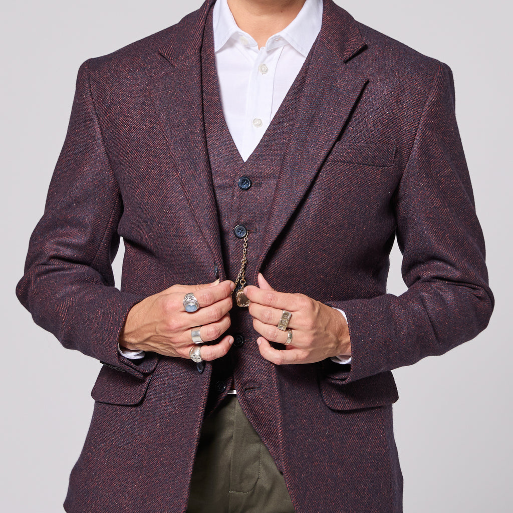 Androgynous person in mulberry twill blazer and best for women, trans, and non-binary folk. Color: Mulberry