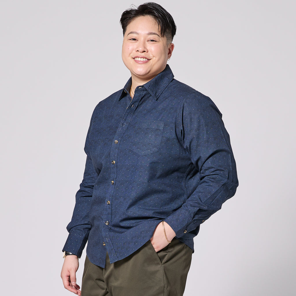 Blue Hexagon Point Collar Shirt made for women, trans, masc, and non-binary folk. Color: Blue Hexagon