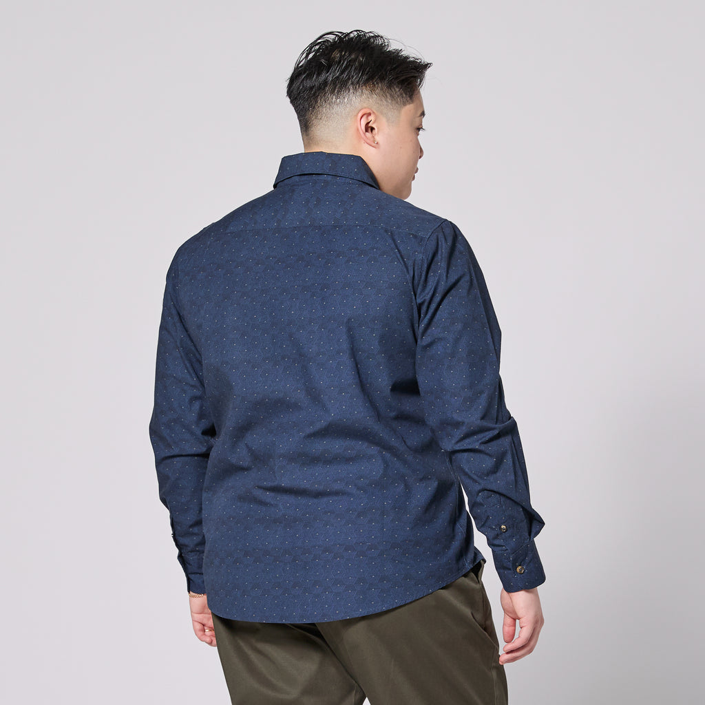 Model wearing Blue Hexagon Point Collar Shirt from behind on a plain background. Color: Blue Hexagon