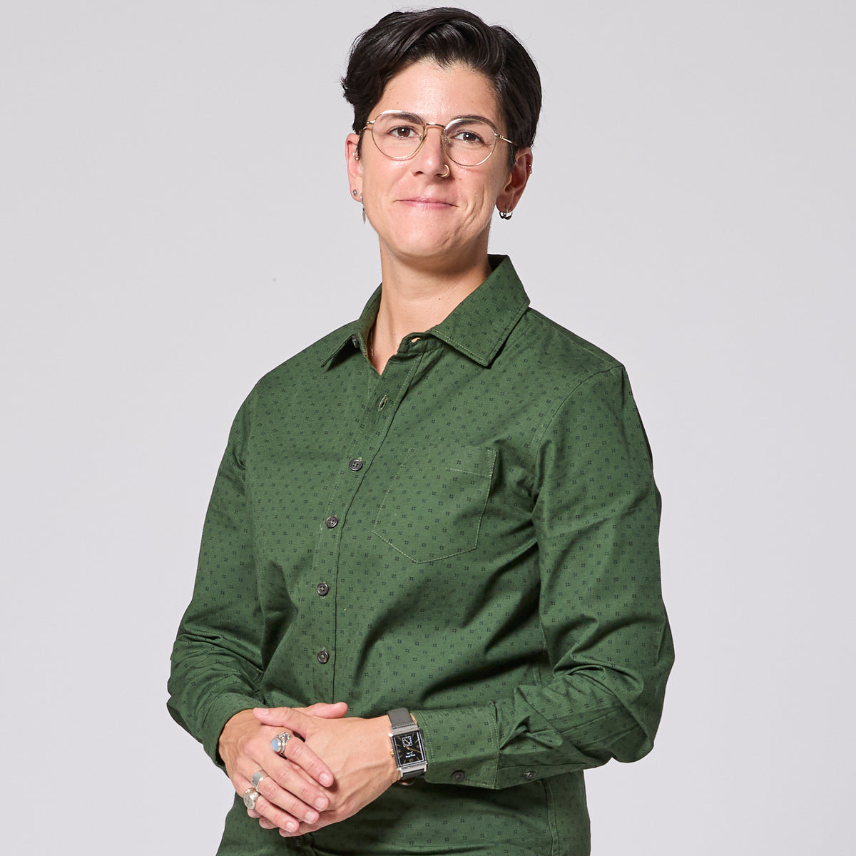 Pine KF Emblem Point Collar Shirt made for women, trans, masc, and non-binary folk. Color: Pine