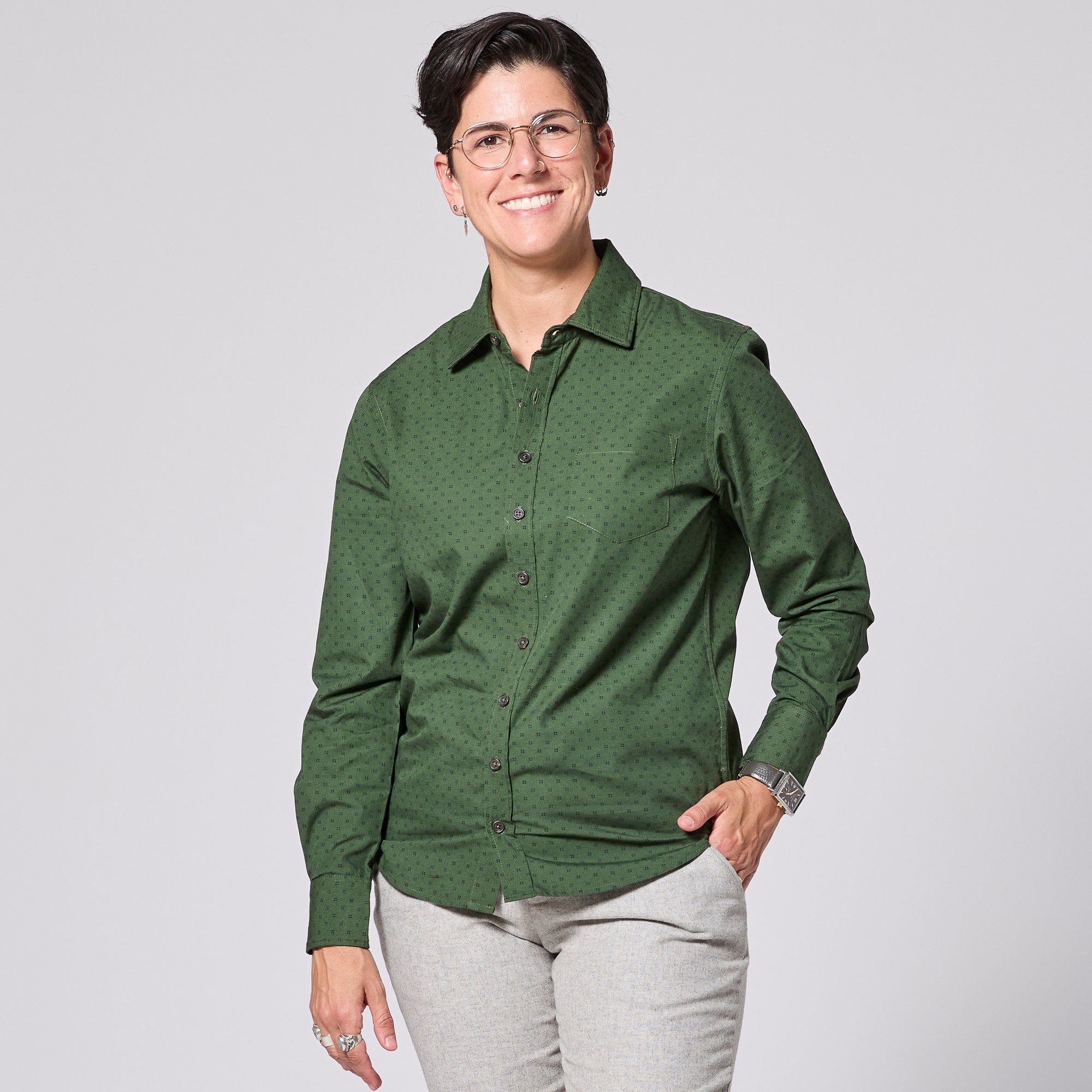 Model wearing Pine KF Emblem Point Collar Shirt made by Kirrin Finch. Color: Pine