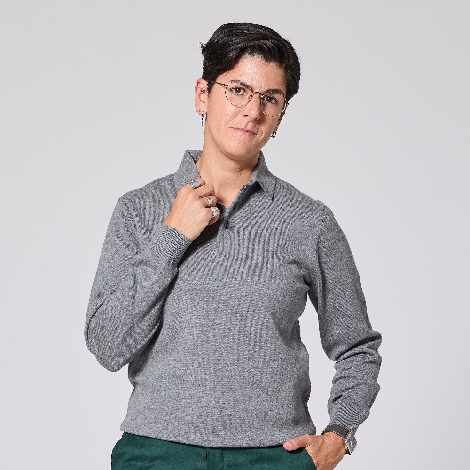 Gray long sleeve polo sweater with ribbed cuffs and hem. Color: Gray Heather 