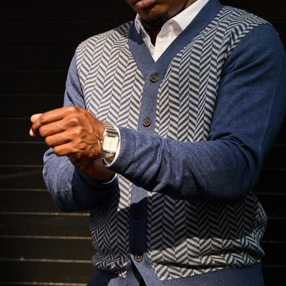 Blue and white cardigan with herringbone pattern made by Kirrin Finch. Color: Blue Stone Herringbone