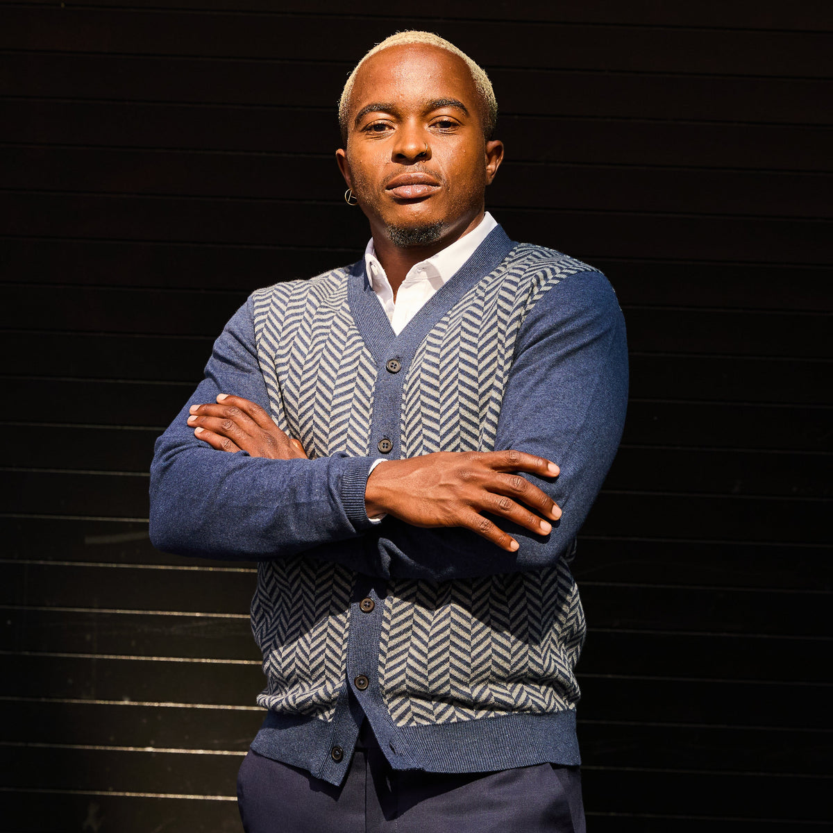 Androgynous blue herringbone cardigan. Color: Blue Stone Herringbone