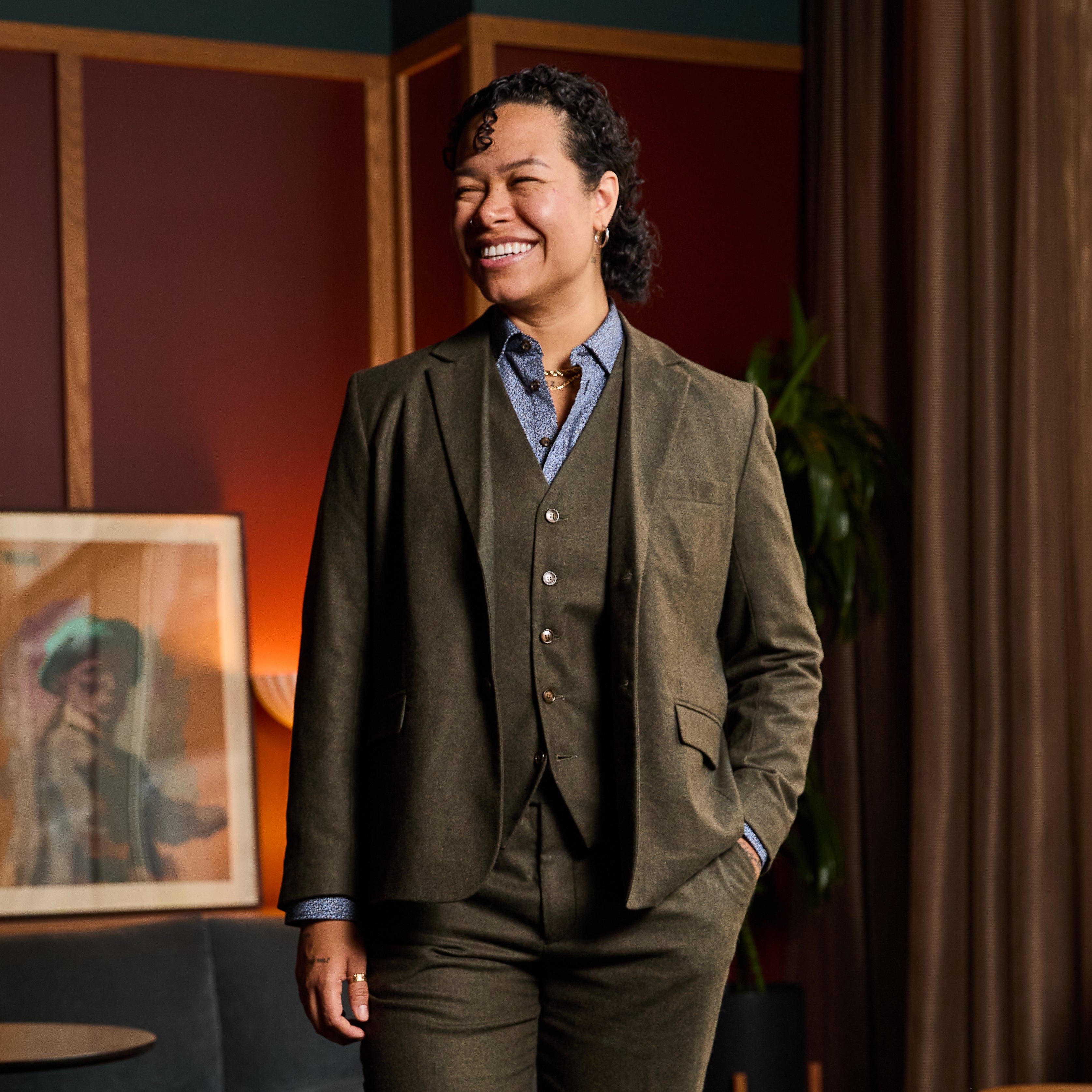 Womens The Finch Heather Olive Flannel Suit Blazer made by Kirrin Finch. Color: Heather Olive Flannel