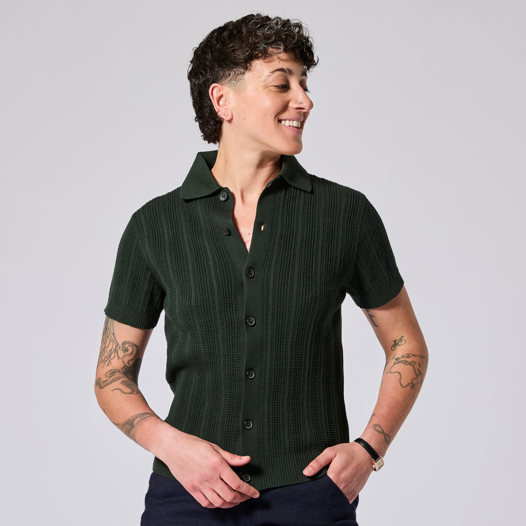 Dark green cardigan made for women, trans, masc and non-binary folks.  Color: Evergreen