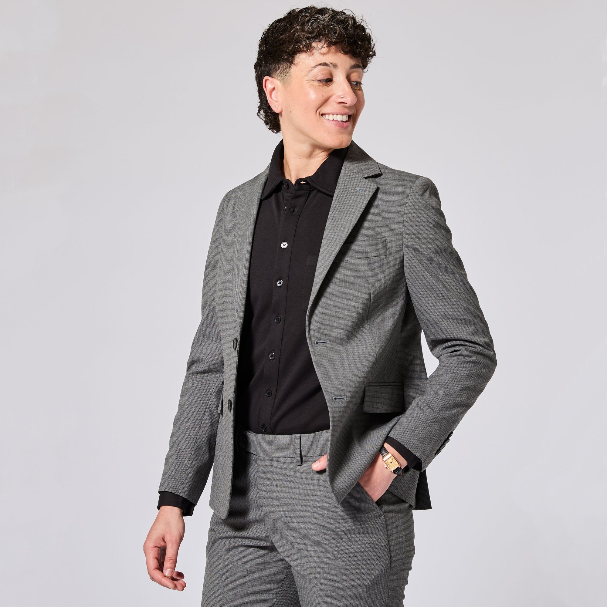 Model wearing Gray suit on a white background. Color: Gray Lattice