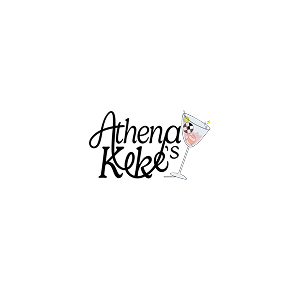 Logo of Athena Keke's with a cocktail glass and ice cube on a white background