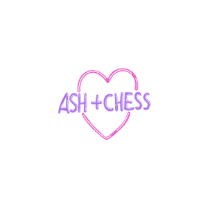 Heart-shaped logo with 'ASH + CHESS' text on a white background