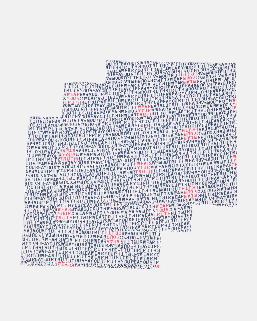 Set of overlapping white text print bandanas on a white background.