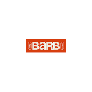 Logo of The Barb Shop with a red background