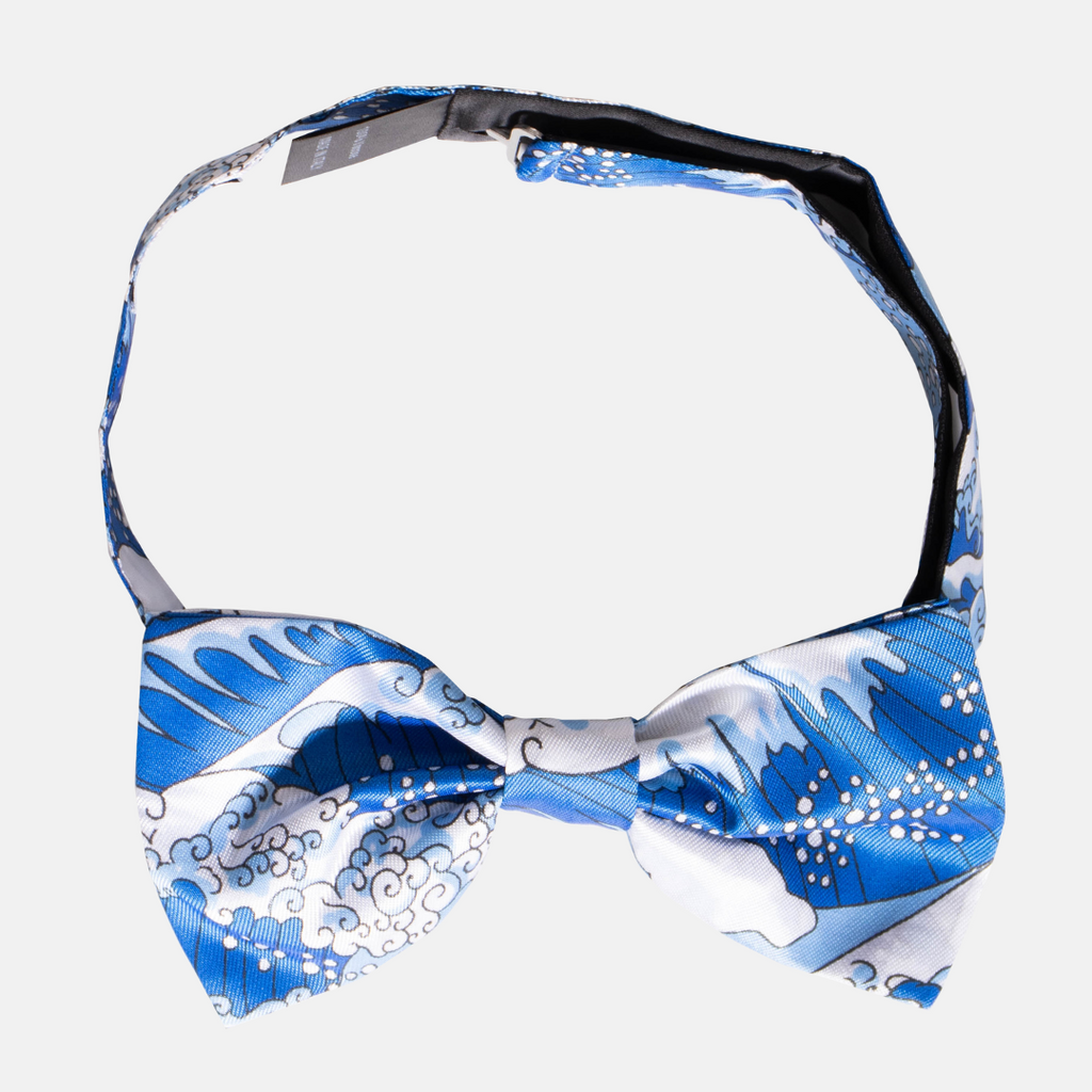 Androgynous wedding accessory blue wave bow tie with silver clasp. Color: Blue Waves