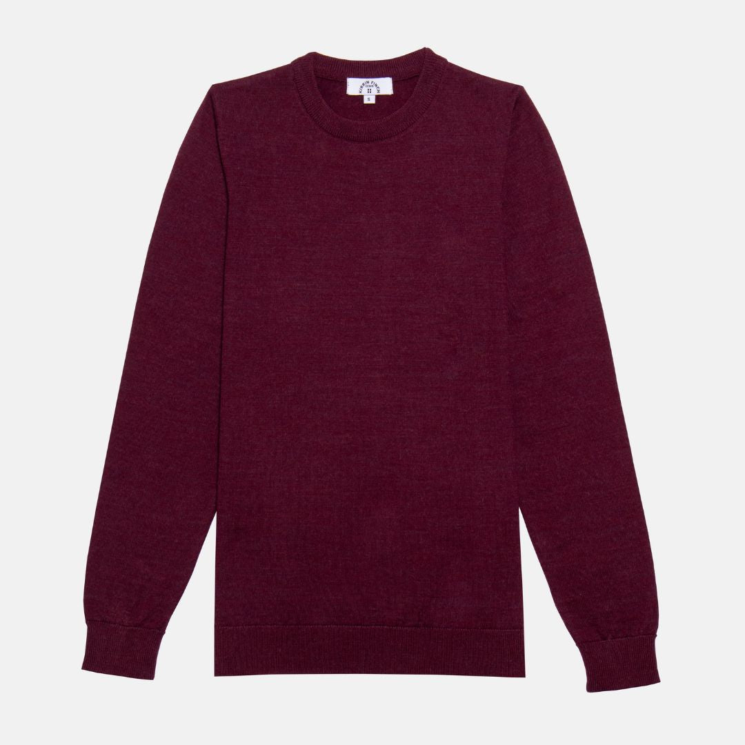 Androgynous burgundy crew neck merino wool sweater. Color: Burgundy