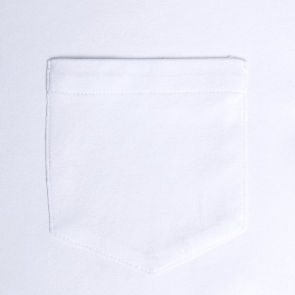 Close up of Double jersey shirt chest pocket. Color: White
