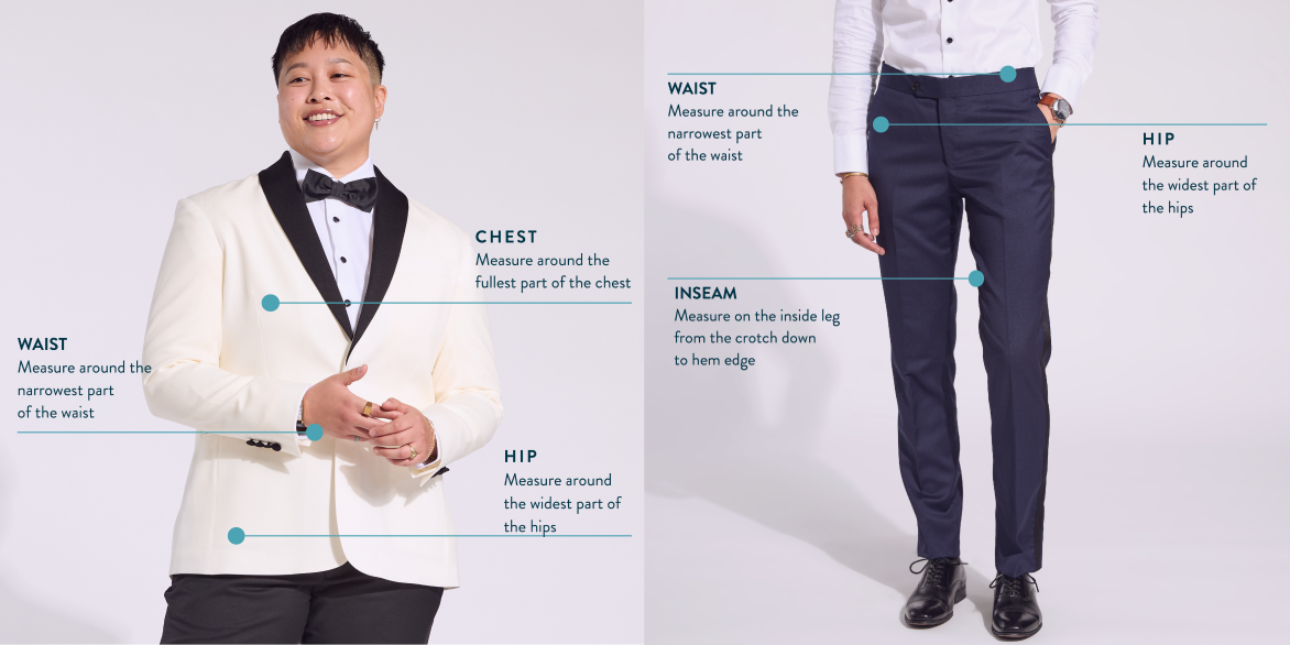 Image depicting where on the body you want to measure for blazer and dress pant sizing.