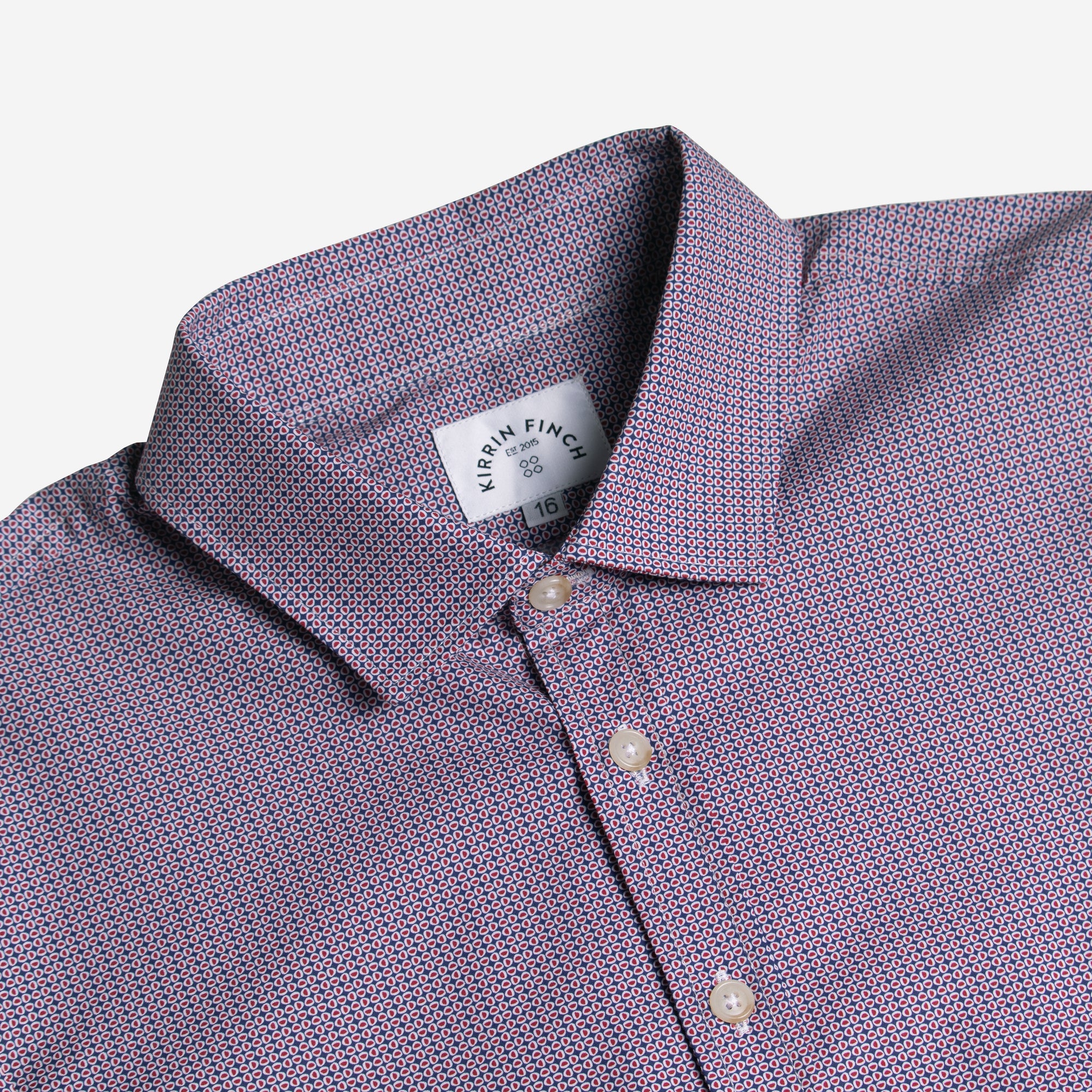 Close up image of the Crimson Oval Frankie class dress shirt.  Color: Crimson Oval