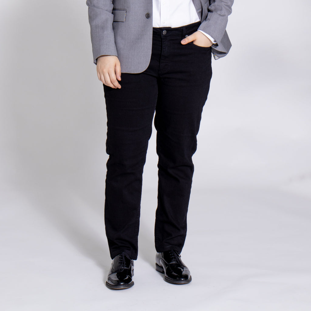 Women's tailored black jeans with gray blazer. Color: Black