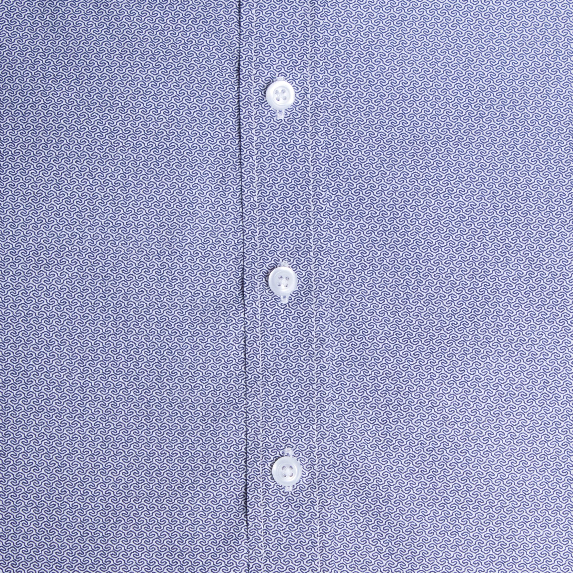 Androgynous blue shirt with a subtle wave pattern and white buttons. Color: Marine Mini Wave