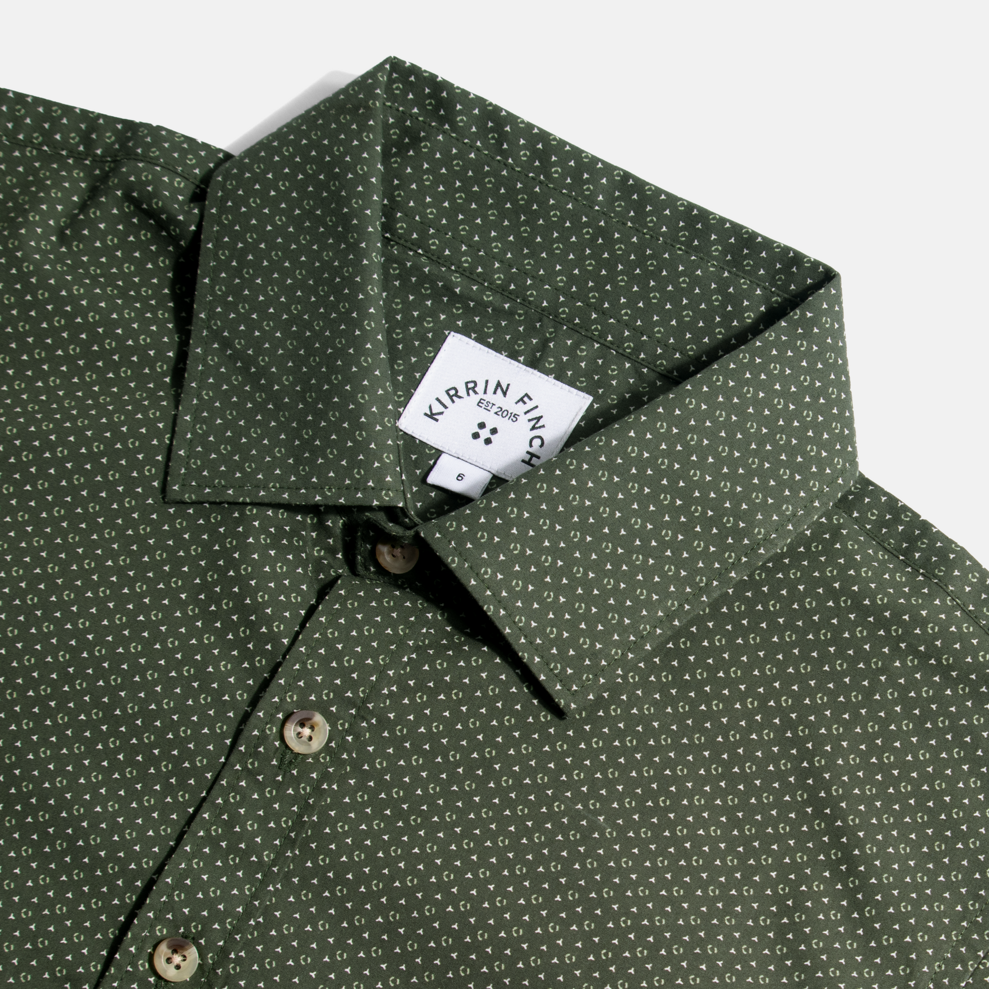 Point Collar and Olive Trichrome Print details on Long Sleeve Shirt by Kirrin Finch. Color:  Olive Trichrome 