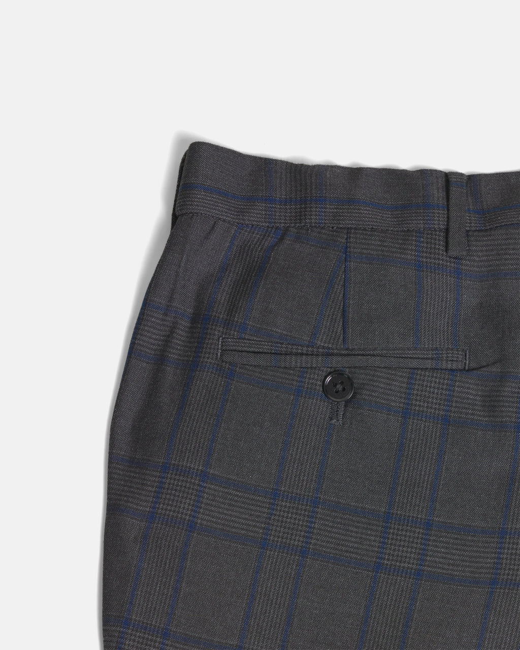 Gray and blue checkered pants with a button on a light gray background. Color: Gray Admiral Plaid
