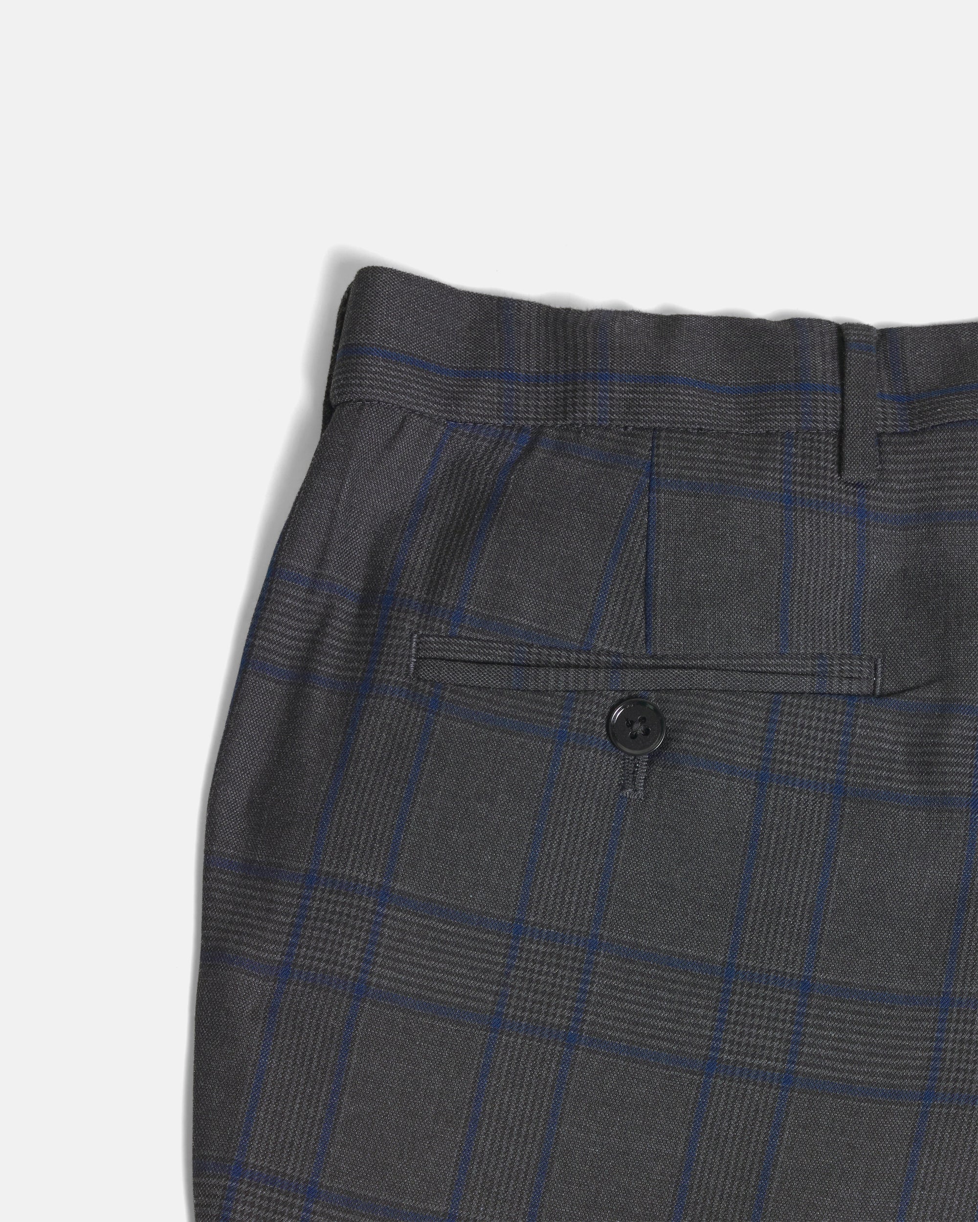 Gray and blue checkered pants with a button on a light gray background. Color: Gray Admiral Plaid