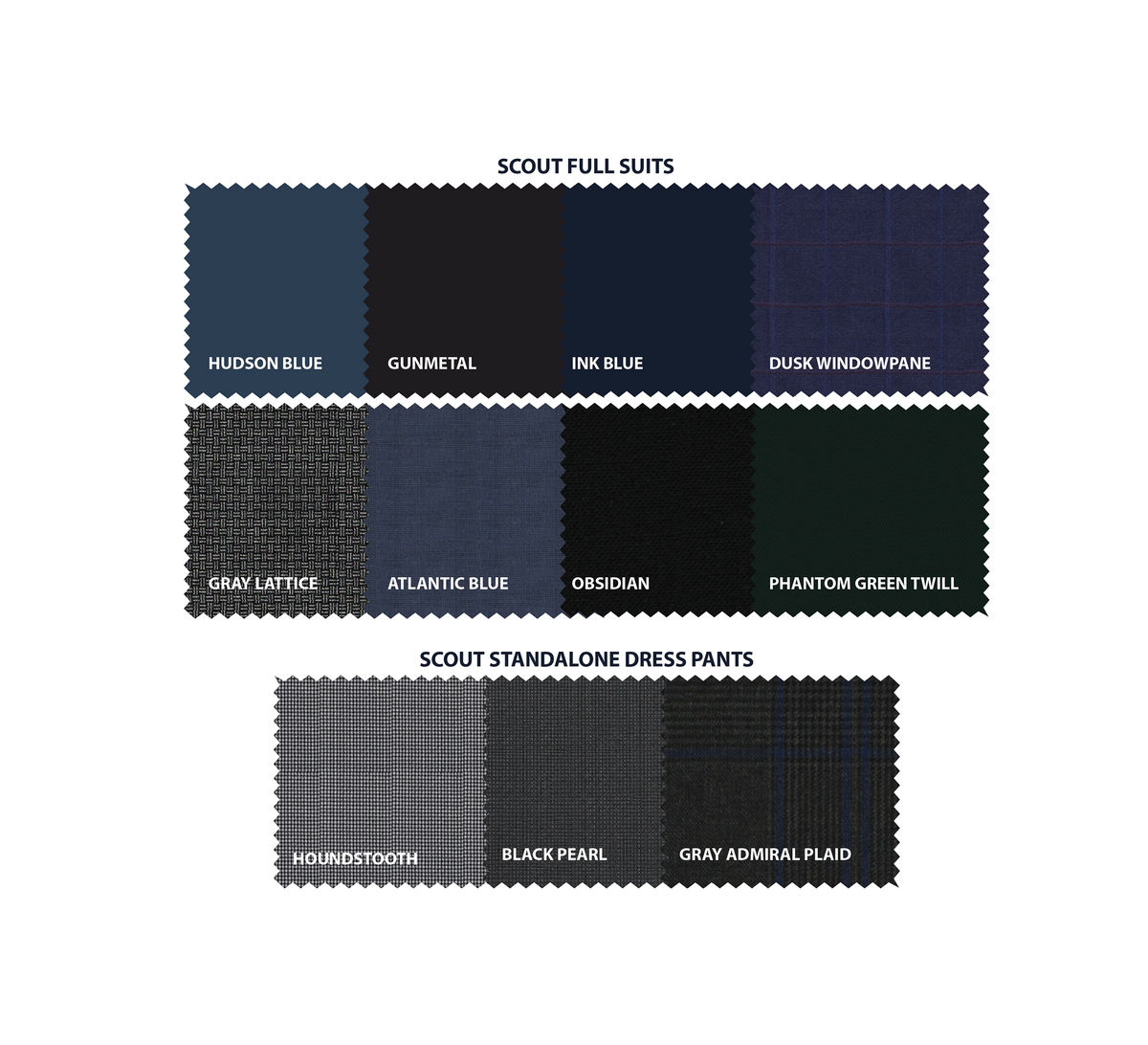 Fabric color swatches for the Scout suit line.