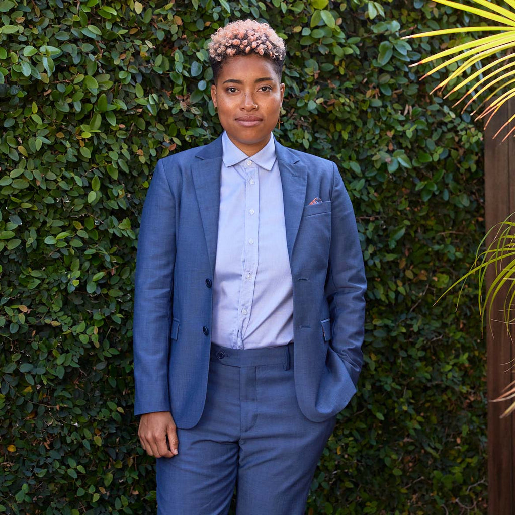 Masc woman's suit in slate blue. Color: Slate Blue