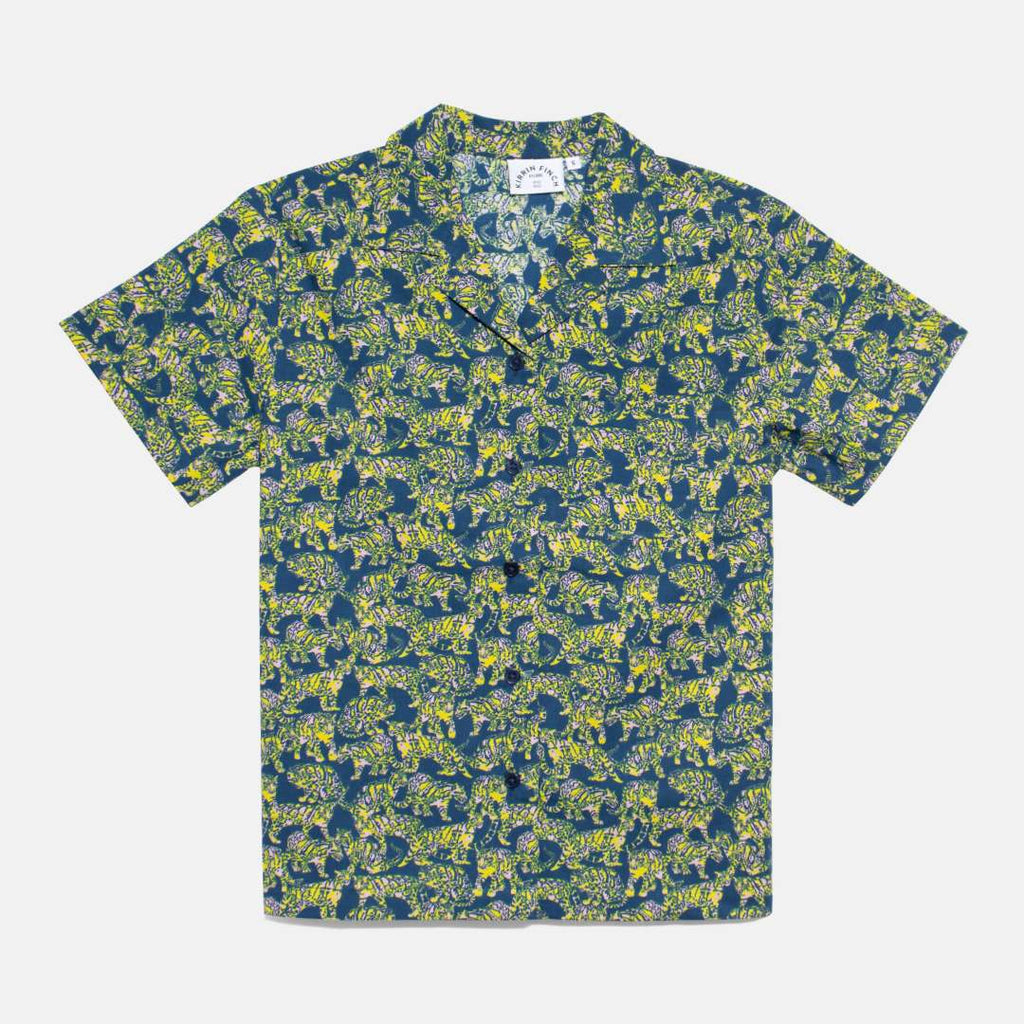Camp shirt in tiger print for non-binary folk. Color: Tiger