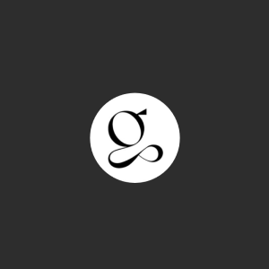 White circular logo with a stylized letter 'g' on a black background