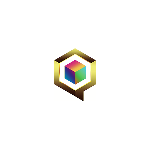 Hexagonal logo with a colorful cube inside on a white background